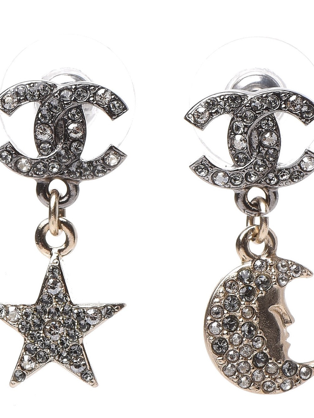 CHANEL Crystal CC Star Moon Dangle Earrings Authentic with Box and Pouch w/ Gift